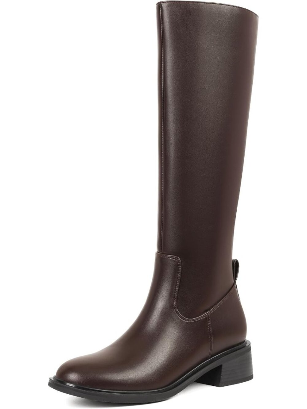 Women's Brown Knee High Boots Full Side Zipper Round Toe Riding Boots Block Heel